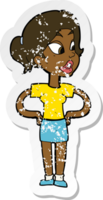 retro distressed sticker of a cartoon woman with hands on hips png