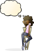 cartone animato donna in posa su sedia con pensato bolla png