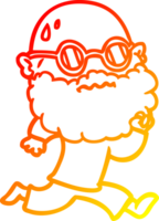 warm gradient line drawing of a cartoon running man with beard and sunglasses sweating png