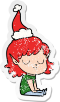 hand drawn distressed sticker cartoon of a elf girl wearing santa hat png