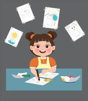 Little girl painting on paper. paintings pasted on the wall. children's hobbies. vector