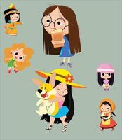Collection of daily activities of happy girls. studying, playing, dancing, with pets, dressing up. vector