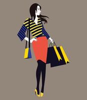 Fashion girl in striped dress. Fashion suits, and shopping bags. Stylish woman. vector