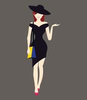 Moda niña en negro vestido. Moda traje. sombrero y bolsa. elegante mujer. vector