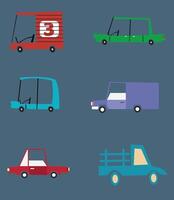 Cute collection of colorful cartoon cars isolated on blue background. Icons in hand drawn style for design of children's rooms, clothing, textiles. vector