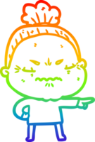 rainbow gradient line drawing of a cartoon annoyed old lady png