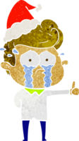 hand drawn retro cartoon of a crying man wearing santa hat png