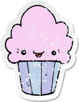 distressed sticker of a cartoon cupcake with face png