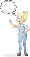 hand drawn thought bubble cartoon woman in dungarees png