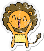 distressed sticker of a happy cartoon lion png