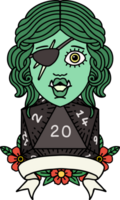 Retro Tattoo Style half orc rogue character with natural twenty dice roll png