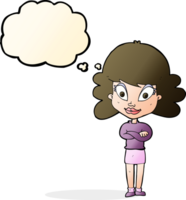 cartoon happy woman with folded arms with thought bubble png