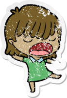 distressed sticker of a cartoon woman talking loudly png