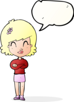 dessin animé femme heureuse avec les bras croisés avec bulle de dialogue png