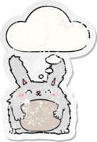 cartoon furry rabbit with thought bubble as a distressed worn sticker png