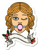 tattoo style sticker with banner of a winking female face wearing ball gag png