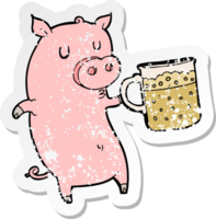 autocollant rétro en détresse d'un cochon de dessin animé avec de la bière png