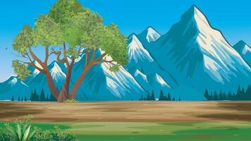 Cartoon village road with green tree and mountain vector