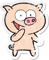 distressed sticker of a laughing pig cartoon png