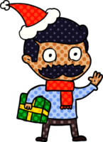 hand drawn comic book style illustration of a man with mustache and christmas present wearing santa hat png