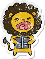 distressed sticker of a cartoon lion with christmas present png