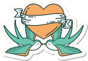 sticker of tattoo in traditional style of swallows and a heart with banner png