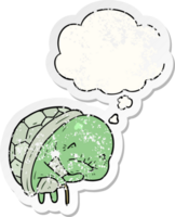 cute cartoon old turtle with thought bubble as a distressed worn sticker png