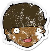 retro distressed sticker of a cartoon happy female face png