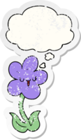 desenho animado flor com feliz face com pensamento bolha Como uma angustiado desgastado adesivo png