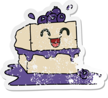 distressed sticker of a quirky hand drawn cartoon happy cake slice png