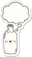 cute cartoon milk bottle with thought bubble as a printed sticker png