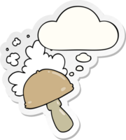 cartoon mushroom with spore cloud with thought bubble as a printed sticker png