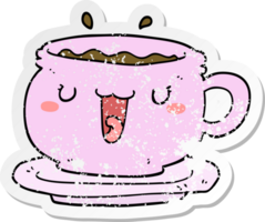 distressed sticker of a cute cartoon cup and saucer png