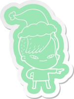 cute quirky cartoon  sticker of a girl with hipster haircut wearing santa hat png