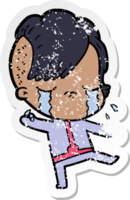 distressed sticker of a cartoon crying girl wearing space clothes png