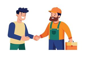 Professional contractor shakes hands with happy homeowner for interior renovation project flat illustration on white background. vector