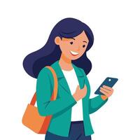 Happy business woman reading a text message on her phone while commuting to work, flat illustration vector