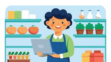 Cheerful store owner using a digital tablet in her grocery store flat illustration on white background vector