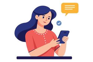 mujer mecanografía un texto mensaje en un teléfono inteligente aplicación conectado y en línea plano ilustración en blanco antecedentes vector