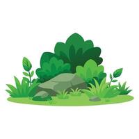 Green shrub plants gardening design position with rock on lush green grass cut out, flat illustration vector