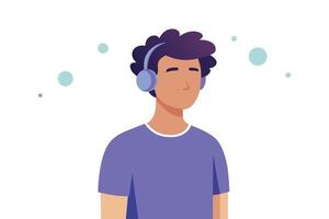 Tranquil young man standing in studio, enjoying music with wireless earbuds and closed eyes flat illustration on white background vector