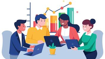 Creative business team having a meeting in an office with graphs, business shape flat illustration on white background. vector