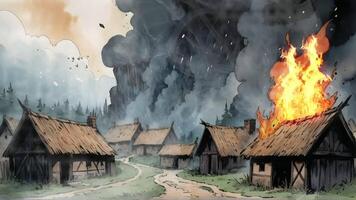 une orageux nuit dans une village, Maisons en feu avec Orange flammes, fumée en hausse dans le foncé ciel. une seul figure près une brûlant maison ajoute à le de mauvais augure atmosphère video