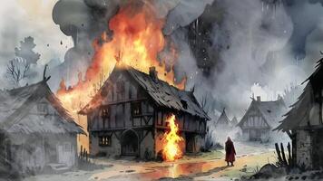 ein stürmisch Nacht im ein Dorf, Häuser in Flammen mit Orange Flammen, Rauch steigend in das dunkel Himmel. ein einsam Zahl in der Nähe von ein Verbrennung Haus fügt hinzu zu das bedrohlich Atmosphäre video