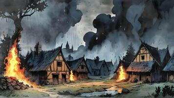 een stormachtig nacht in een dorp, huizen in vuur en vlam met oranje vlammen, rook stijgende lijn in de donker lucht. een eenzaam figuur in de buurt een brandend huis voegt toe naar de onheilspellend atmosfeer video