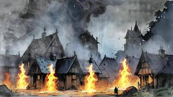 A stormy night in a village, houses ablaze with orange flames, smoke rising into the dark sky. A lone figure near a burning house adds to the ominous atmosphere video