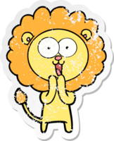 distressed sticker of a happy cartoon lion png