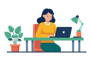 Girl working in her home office, flat illustration vector
