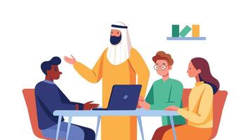 Multicultural designer sharing ideas during a meeting, flat illustration on white background vector