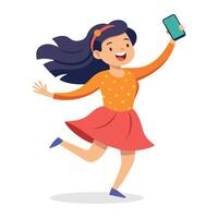 contento niña bailando y participación un teléfono inteligente con vibrante plano ilustración en blanco antecedentes vector